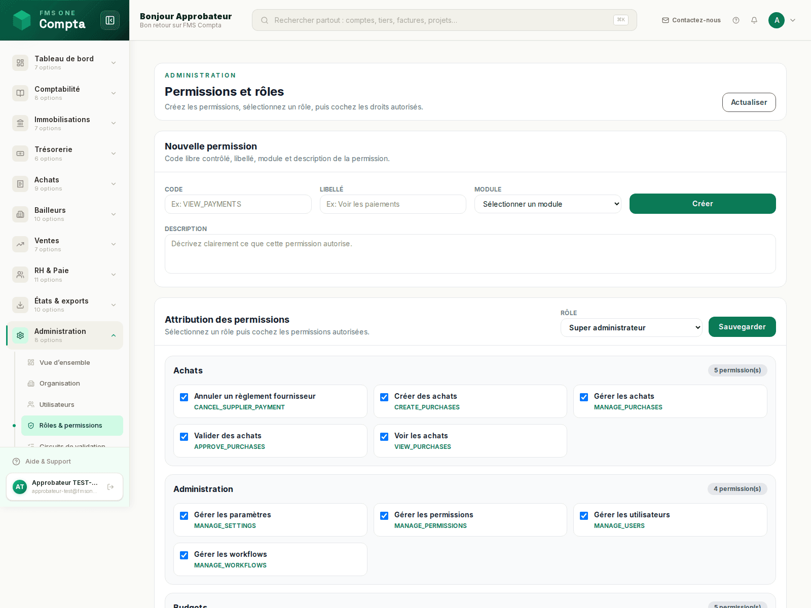 Écran de gestion des rôles et permissions dans FMS Compta