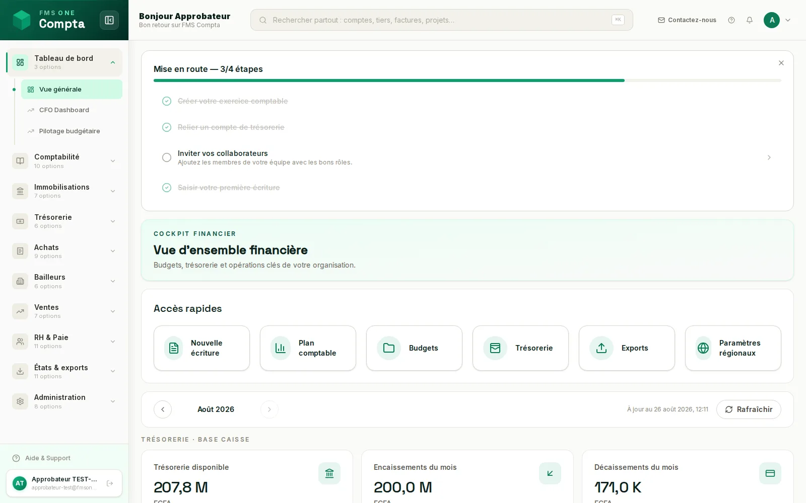 Tableau de bord FMS Compta : trésorerie disponible, encaissements/décaissements du mois, accès rapides