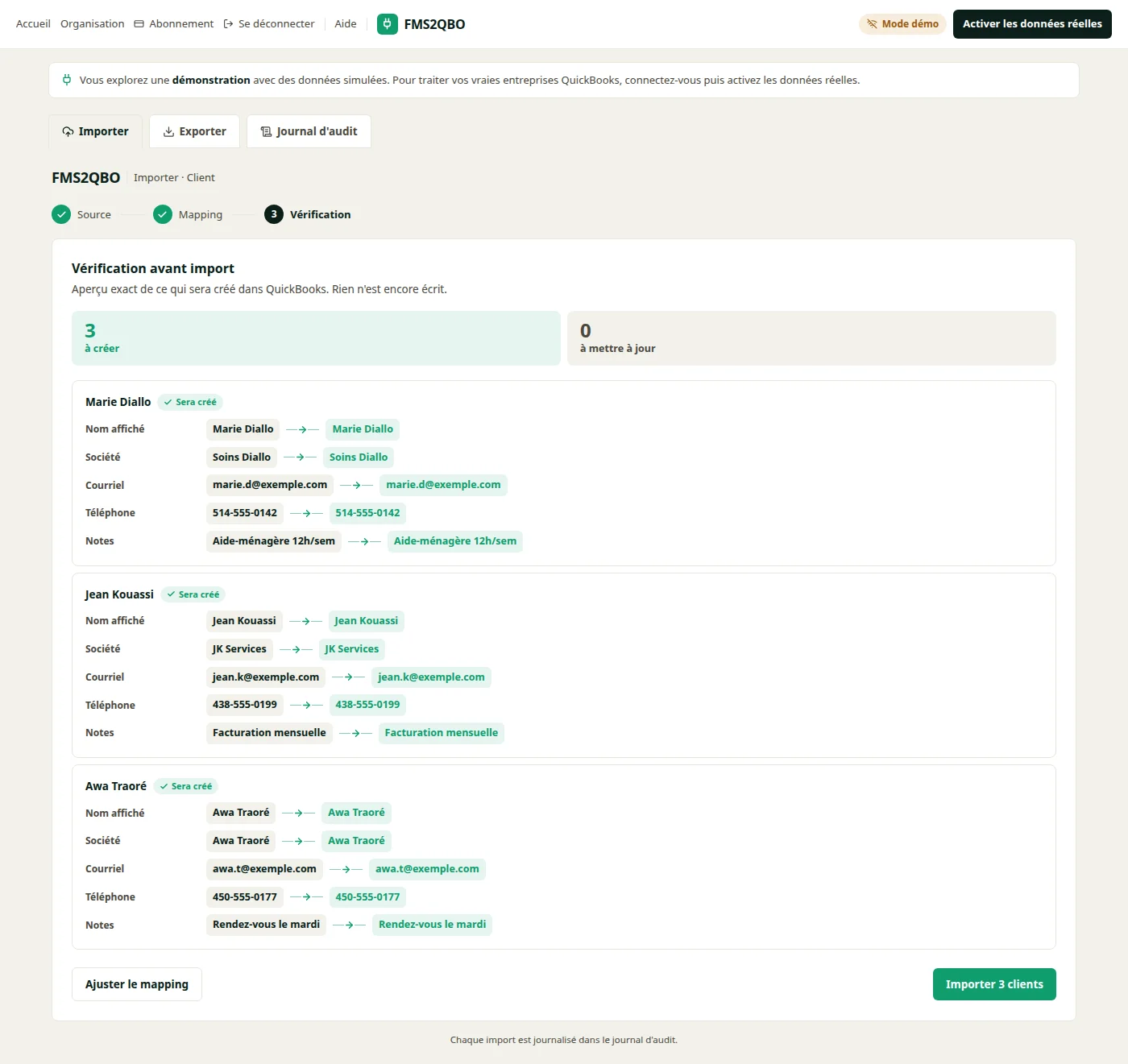 Aperçu avant import : les fiches clients qui seront créées dans QuickBooks, rien n'est encore écrit