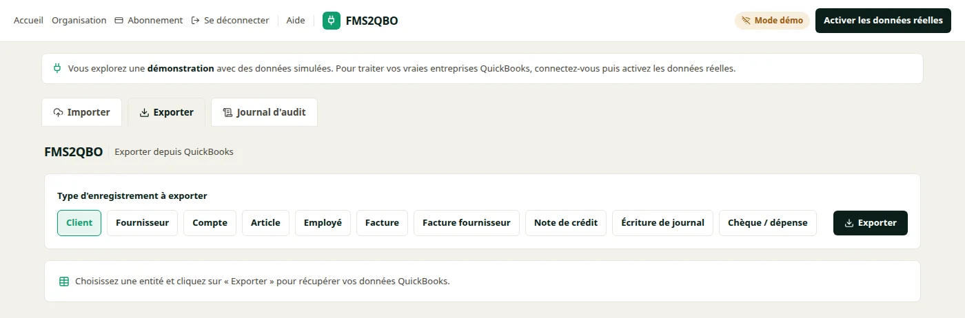 Panneau d'export FMS2QBO : choix du type d'enregistrement à exporter depuis QuickBooks