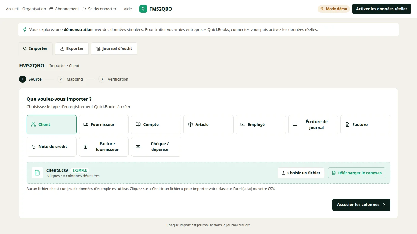 Assistant d'import FMS2QBO : choix du type d'enregistrement QuickBooks à créer
