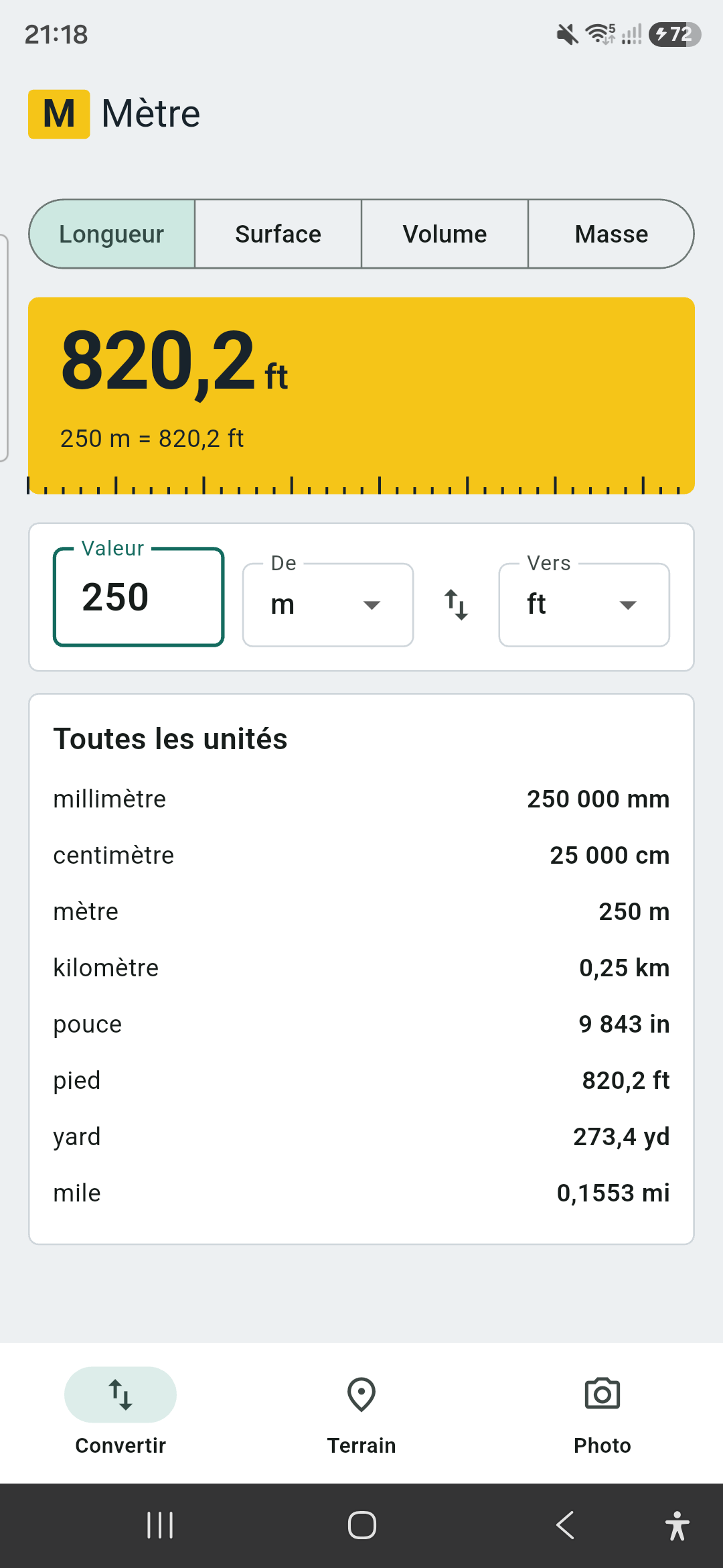 Écran Convertir de Mètre : conversion de 250 m en pieds avec le tableau de toutes les unités